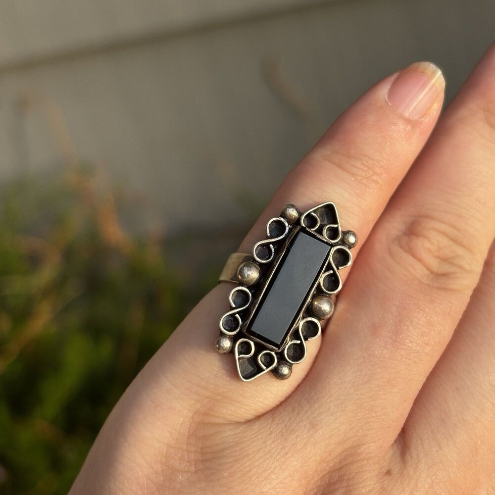 Sterling Silver Black Onyx Ring Size 6 Rectangular Onyx Statement Ring 925